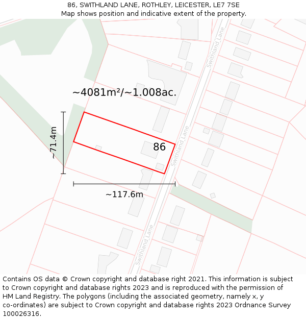 86, SWITHLAND LANE, ROTHLEY, LEICESTER, LE7 7SE: Plot and title map