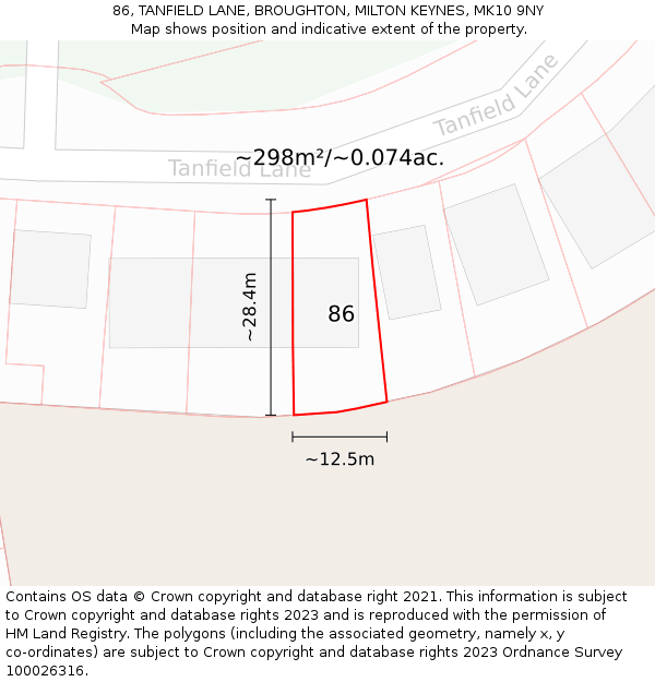 86, TANFIELD LANE, BROUGHTON, MILTON KEYNES, MK10 9NY: Plot and title map