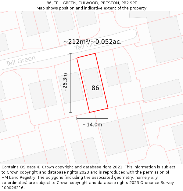 86, TEIL GREEN, FULWOOD, PRESTON, PR2 9PE: Plot and title map