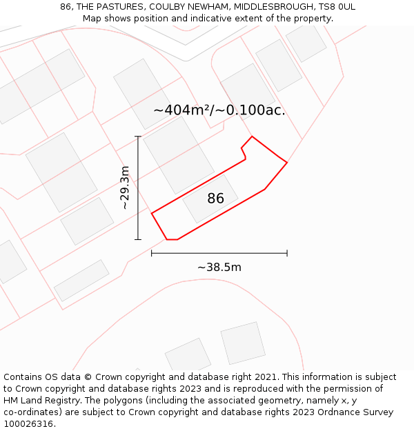 86, THE PASTURES, COULBY NEWHAM, MIDDLESBROUGH, TS8 0UL: Plot and title map