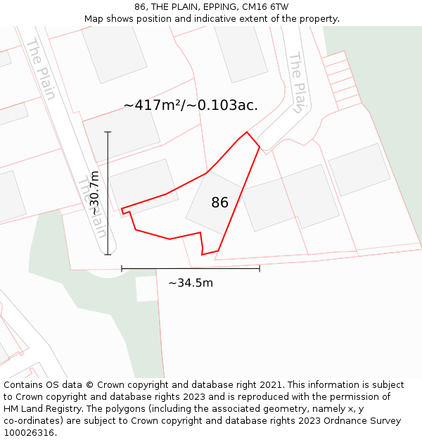 86, THE PLAIN, EPPING, CM16 6TW: Plot and title map