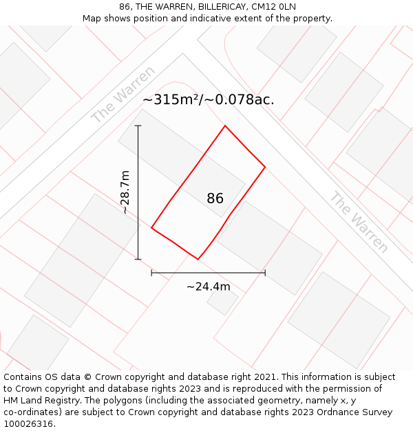 86, THE WARREN, BILLERICAY, CM12 0LN: Plot and title map