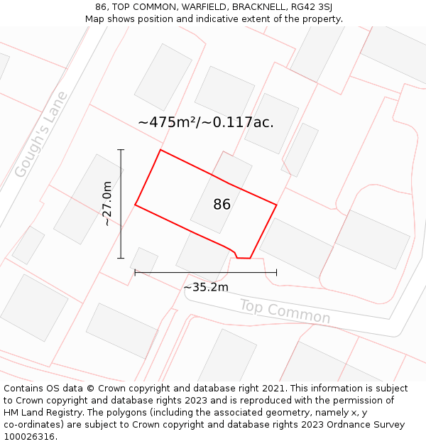 86, TOP COMMON, WARFIELD, BRACKNELL, RG42 3SJ: Plot and title map