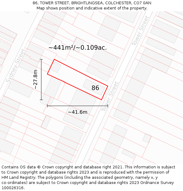 86, TOWER STREET, BRIGHTLINGSEA, COLCHESTER, CO7 0AN: Plot and title map