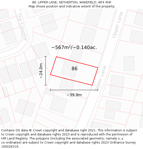 86, UPPER LANE, NETHERTON, WAKEFIELD, WF4 4NF: Plot and title map