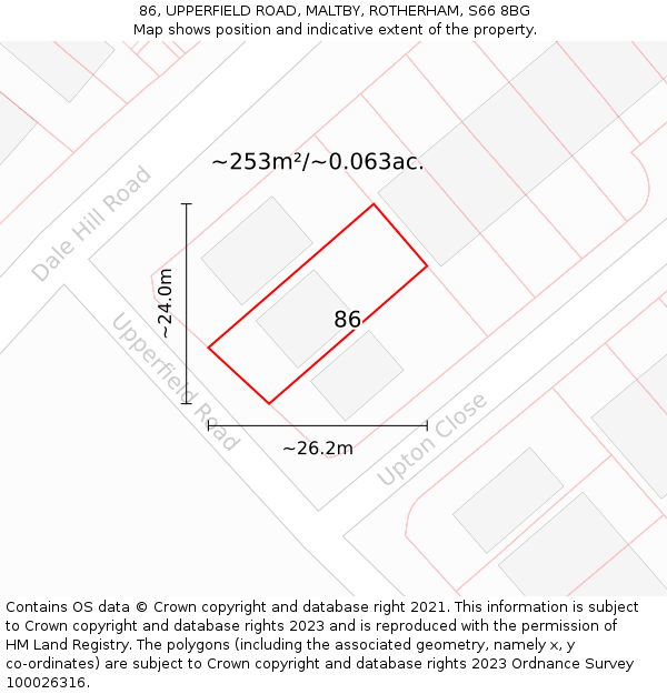 86, UPPERFIELD ROAD, MALTBY, ROTHERHAM, S66 8BG: Plot and title map