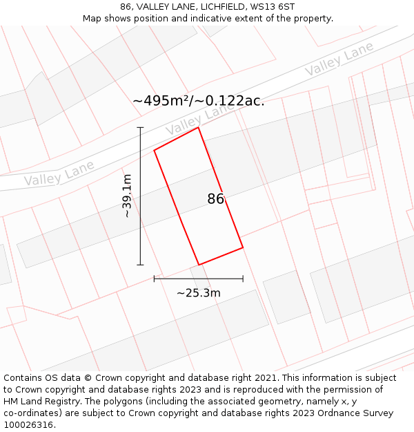86, VALLEY LANE, LICHFIELD, WS13 6ST: Plot and title map