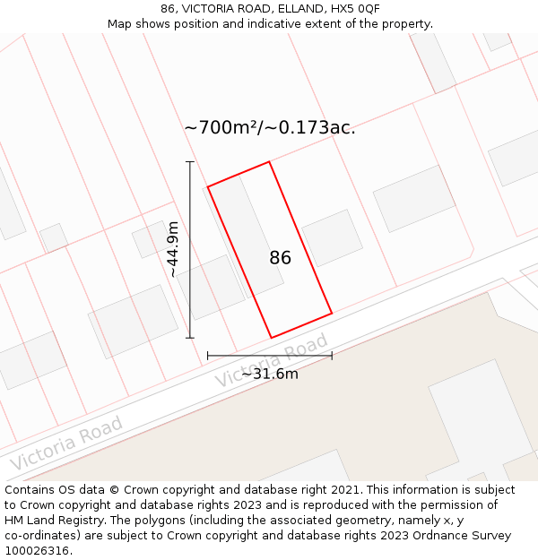 86, VICTORIA ROAD, ELLAND, HX5 0QF: Plot and title map