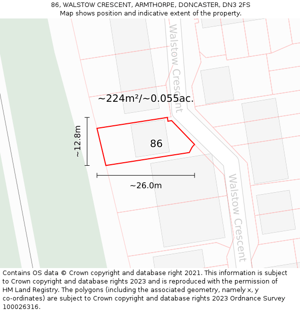 86, WALSTOW CRESCENT, ARMTHORPE, DONCASTER, DN3 2FS: Plot and title map
