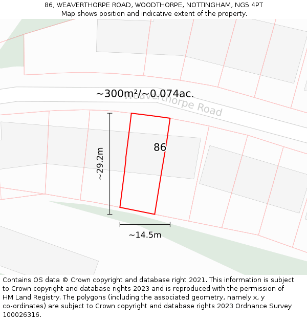 86, WEAVERTHORPE ROAD, WOODTHORPE, NOTTINGHAM, NG5 4PT: Plot and title map