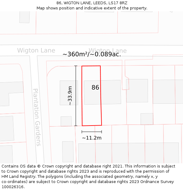 86, WIGTON LANE, LEEDS, LS17 8RZ: Plot and title map