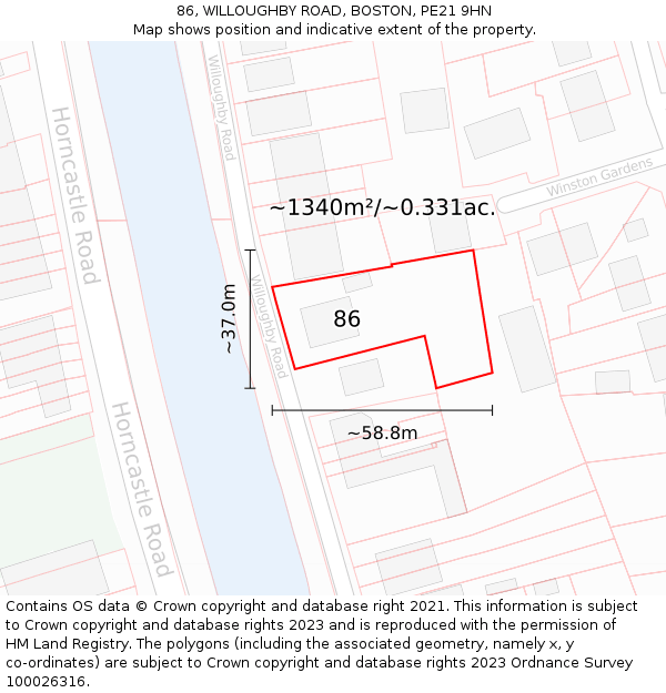 86, WILLOUGHBY ROAD, BOSTON, PE21 9HN: Plot and title map