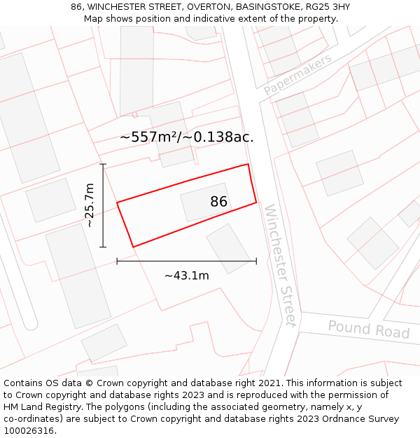86, WINCHESTER STREET, OVERTON, BASINGSTOKE, RG25 3HY: Plot and title map