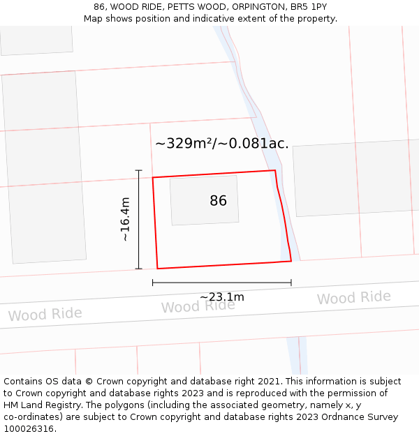 86, WOOD RIDE, PETTS WOOD, ORPINGTON, BR5 1PY: Plot and title map