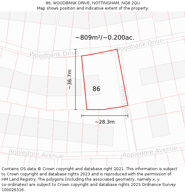 86, WOODBANK DRIVE, NOTTINGHAM, NG8 2QU: Plot and title map