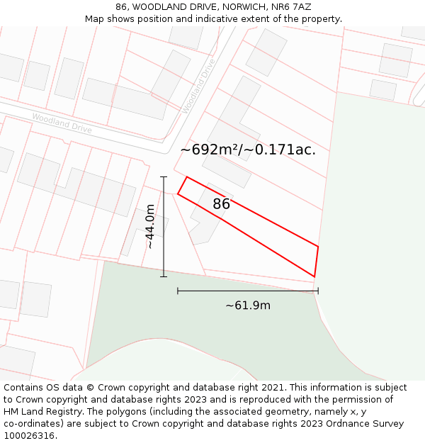 86, WOODLAND DRIVE, NORWICH, NR6 7AZ: Plot and title map