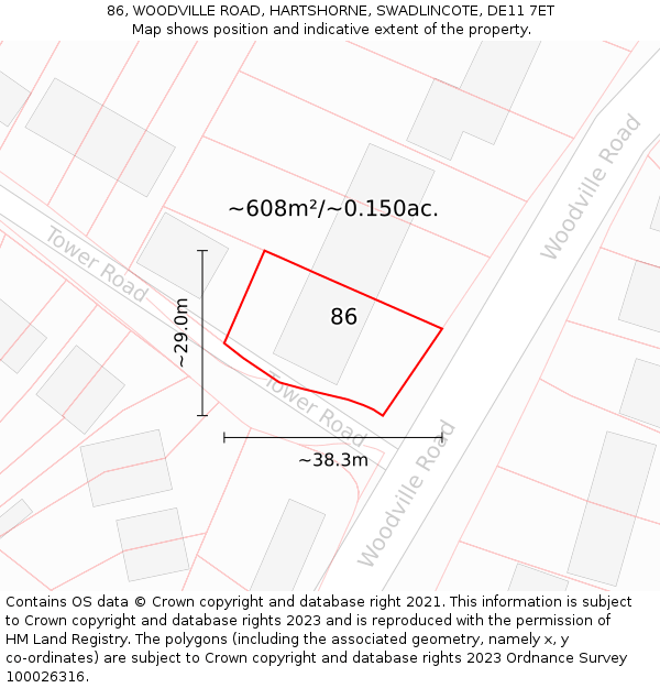 86, WOODVILLE ROAD, HARTSHORNE, SWADLINCOTE, DE11 7ET: Plot and title map