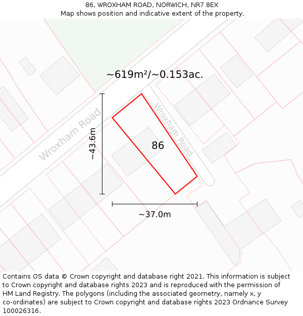 86, WROXHAM ROAD, NORWICH, NR7 8EX: Plot and title map