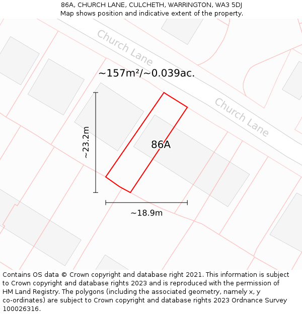 86A, CHURCH LANE, CULCHETH, WARRINGTON, WA3 5DJ: Plot and title map
