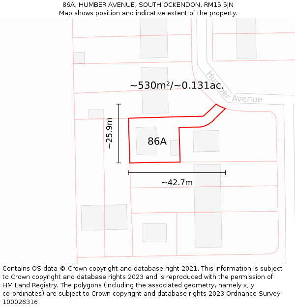 86A, HUMBER AVENUE, SOUTH OCKENDON, RM15 5JN: Plot and title map