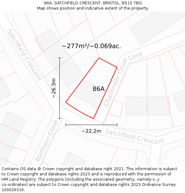 86A, SATCHFIELD CRESCENT, BRISTOL, BS10 7BG: Plot and title map