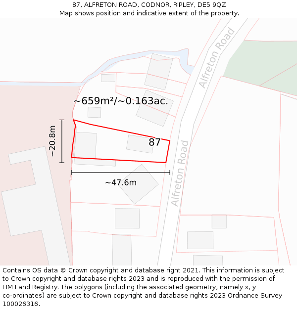 87, ALFRETON ROAD, CODNOR, RIPLEY, DE5 9QZ: Plot and title map