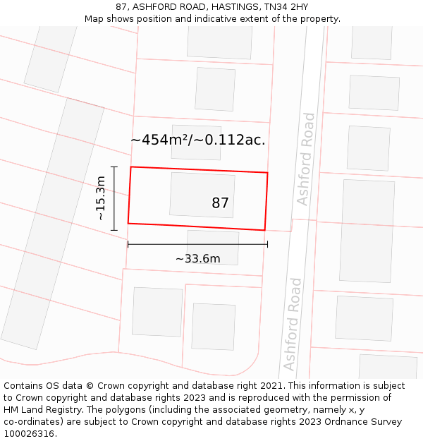 87, ASHFORD ROAD, HASTINGS, TN34 2HY: Plot and title map