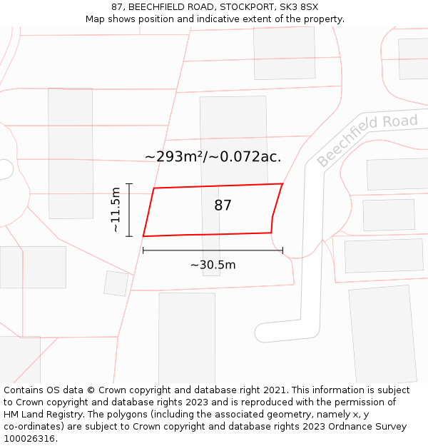 87, BEECHFIELD ROAD, STOCKPORT, SK3 8SX: Plot and title map