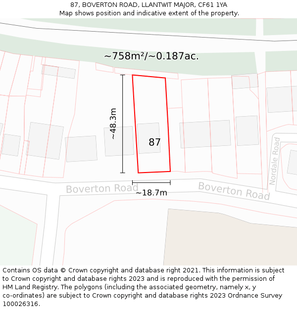 87, BOVERTON ROAD, LLANTWIT MAJOR, CF61 1YA: Plot and title map