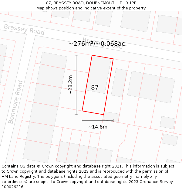 87, BRASSEY ROAD, BOURNEMOUTH, BH9 1PR: Plot and title map