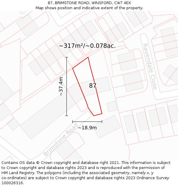 87, BRIMSTONE ROAD, WINSFORD, CW7 4EX: Plot and title map