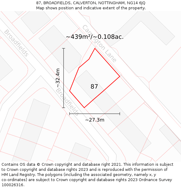 87, BROADFIELDS, CALVERTON, NOTTINGHAM, NG14 6JQ: Plot and title map