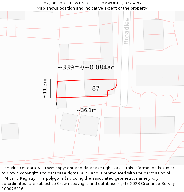 87, BROADLEE, WILNECOTE, TAMWORTH, B77 4PG: Plot and title map