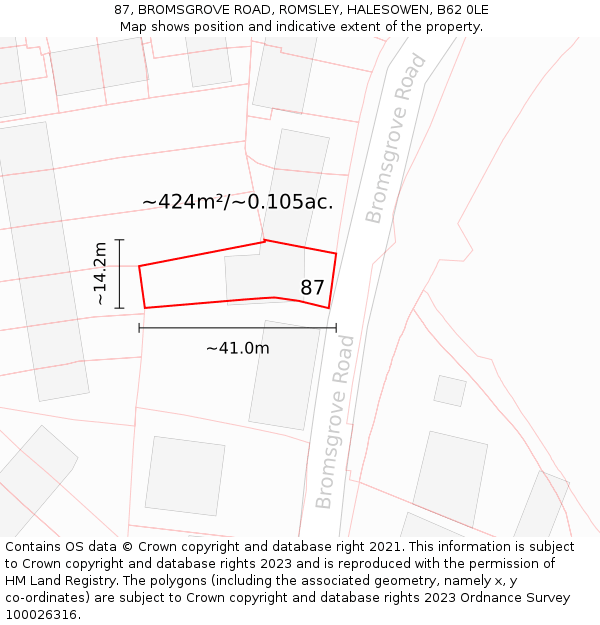 87, BROMSGROVE ROAD, ROMSLEY, HALESOWEN, B62 0LE: Plot and title map