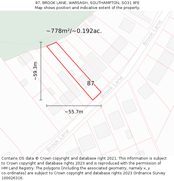 87, BROOK LANE, WARSASH, SOUTHAMPTON, SO31 9FE: Plot and title map