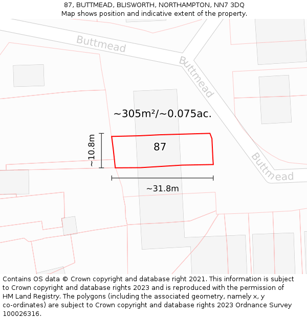 87, BUTTMEAD, BLISWORTH, NORTHAMPTON, NN7 3DQ: Plot and title map