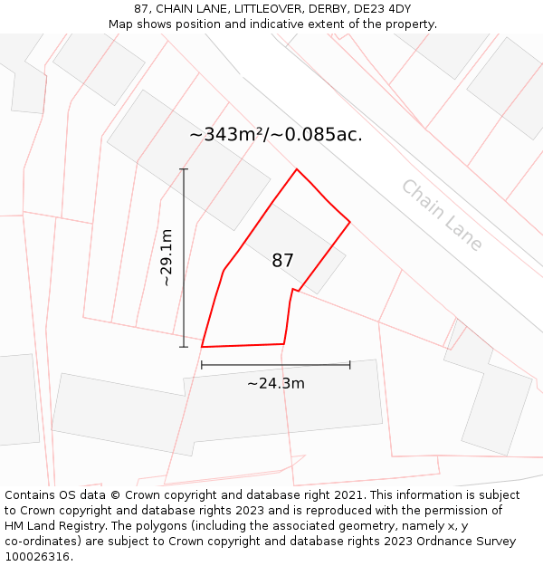 87, CHAIN LANE, LITTLEOVER, DERBY, DE23 4DY: Plot and title map