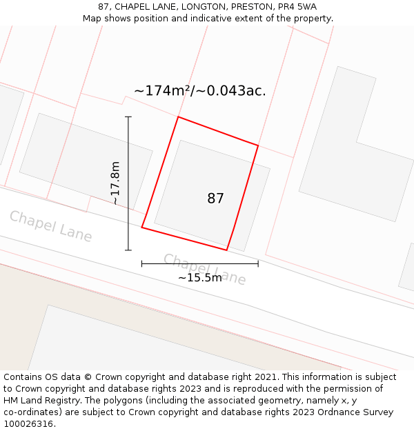 87, CHAPEL LANE, LONGTON, PRESTON, PR4 5WA: Plot and title map