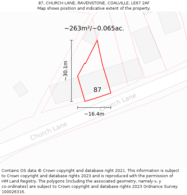 87, CHURCH LANE, RAVENSTONE, COALVILLE, LE67 2AF: Plot and title map
