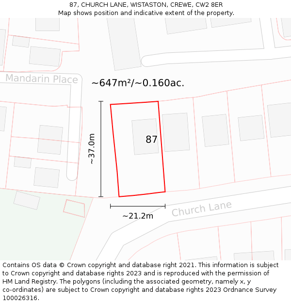 87, CHURCH LANE, WISTASTON, CREWE, CW2 8ER: Plot and title map