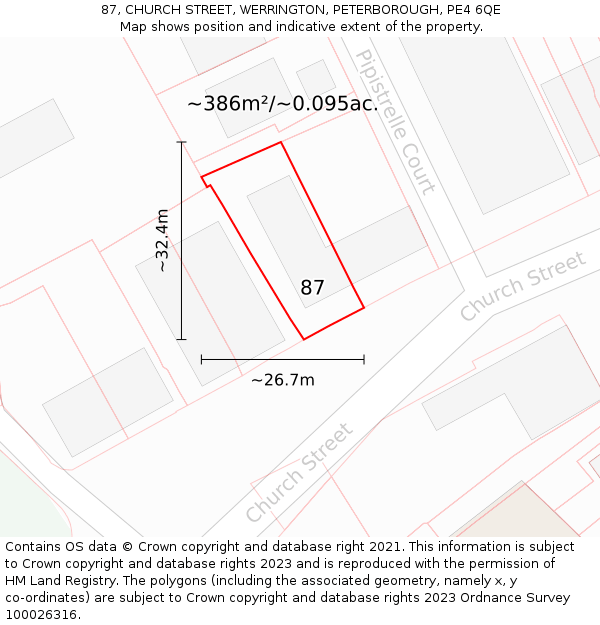87, CHURCH STREET, WERRINGTON, PETERBOROUGH, PE4 6QE: Plot and title map