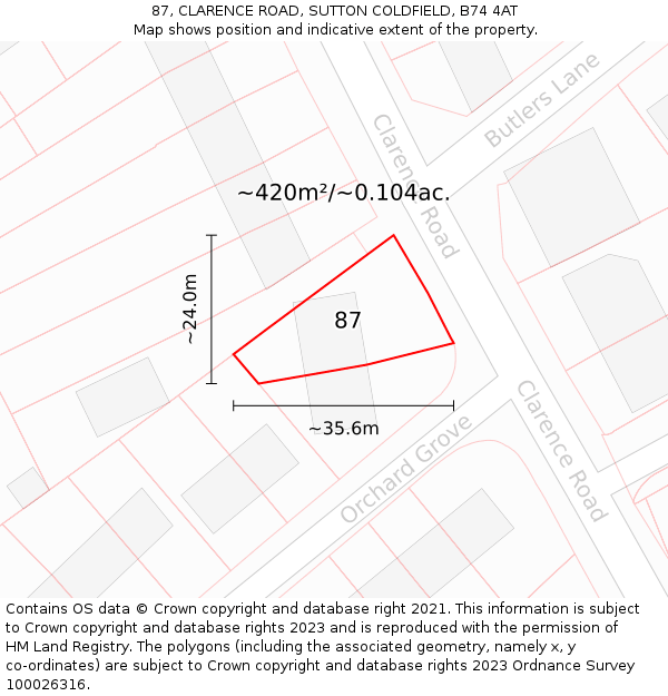 87, CLARENCE ROAD, SUTTON COLDFIELD, B74 4AT: Plot and title map