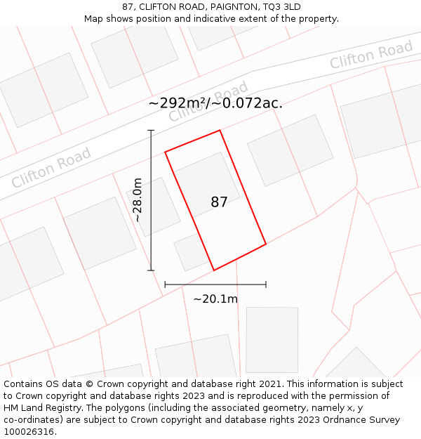 87, CLIFTON ROAD, PAIGNTON, TQ3 3LD: Plot and title map