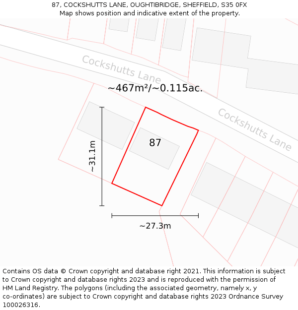 87, COCKSHUTTS LANE, OUGHTIBRIDGE, SHEFFIELD, S35 0FX: Plot and title map