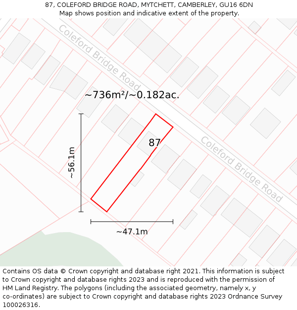 87, COLEFORD BRIDGE ROAD, MYTCHETT, CAMBERLEY, GU16 6DN: Plot and title map