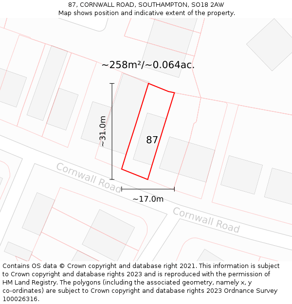 87, CORNWALL ROAD, SOUTHAMPTON, SO18 2AW: Plot and title map