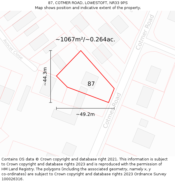 87, COTMER ROAD, LOWESTOFT, NR33 9PS: Plot and title map