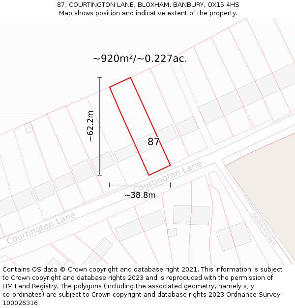 87, COURTINGTON LANE, BLOXHAM, BANBURY, OX15 4HS: Plot and title map