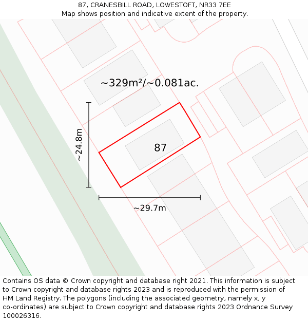 87, CRANESBILL ROAD, LOWESTOFT, NR33 7EE: Plot and title map