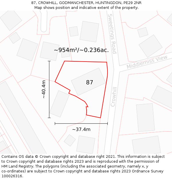 87, CROWHILL, GODMANCHESTER, HUNTINGDON, PE29 2NR: Plot and title map